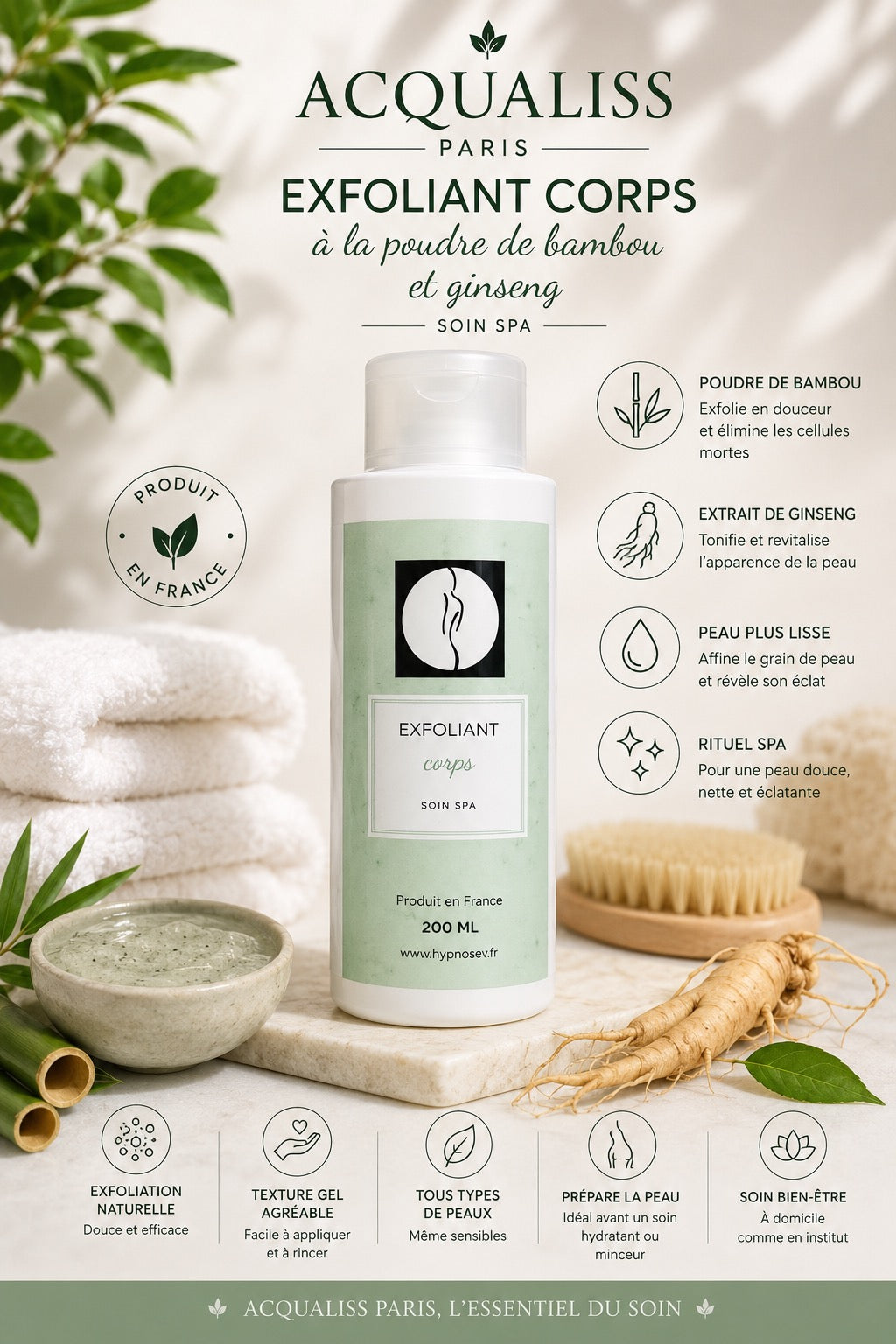 Exfoliant Corps à la Poudre de Bambou & Ginseng – Soin Spa Acqualiss Paris
