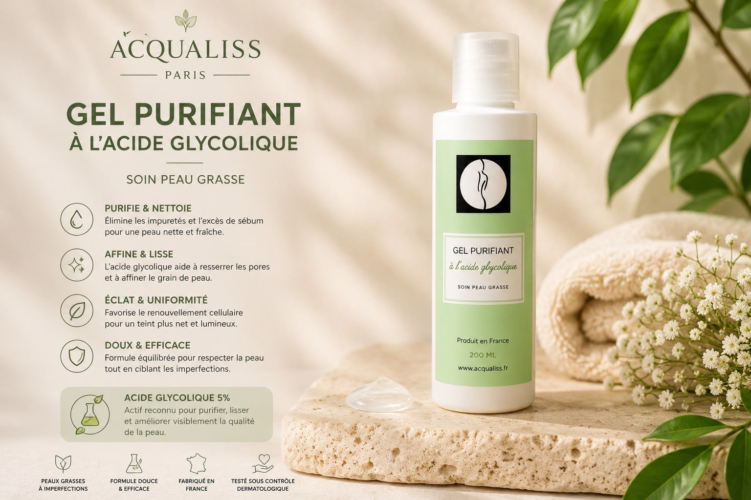 Gel Purifiant à l'Acide Glycolique – Soin Peau Grasse
